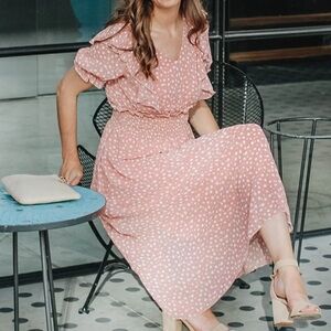 Dusty Rose Vintage Inspired Coquette Midi Dress | Romantic Flutter Sleeve | M